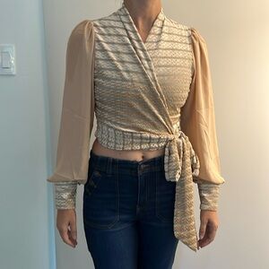 Unique Vintage tan crop blouse, sheer arms, velvet bodice sz M